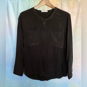 EVERLANE 100% Silk Black Mandarin Collar Button Up Short Sleeve Blouse w/ Pocket